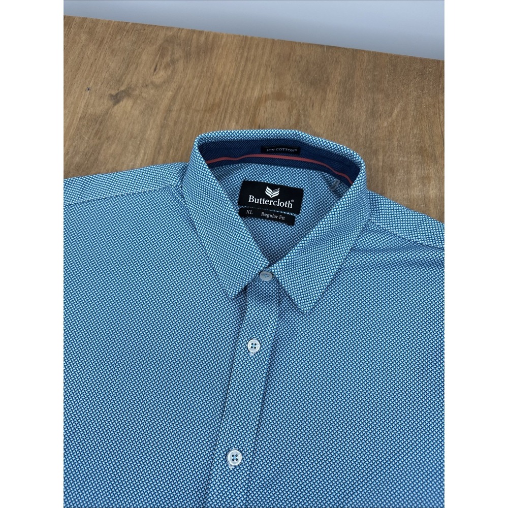 Buttercloth Icy Cotton Short Sleeve Button Down Mens XL Blue Geometric Casual